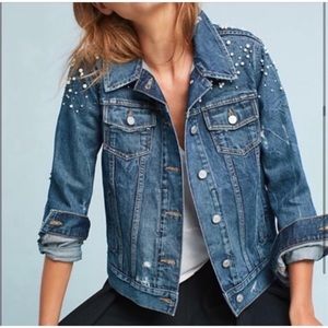Pilcro and the Letterpress Anthropologie Pearled Denim Trucker Jacket Blue